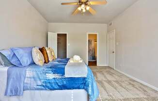 A1 bedroom with a bed, closet, and a ceiling fan at The Inverness Apartments in Houston, TX