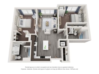 2 beds, 2 baths, 953 sqft, $1,732