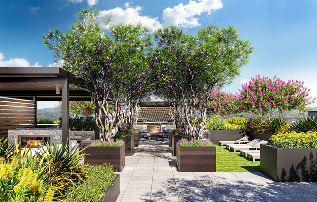 bayswater rooftop garden with lush tree and lounge trees at Bayswater Apartments, Burlingame, CA