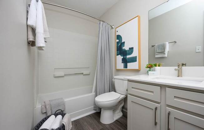 A clean bathroom here at Retreat at McAlpine Creek featuring a bathtub-shower combo with white tile surround, a curved shower rod, and a white toilet. A white vanity with smooth countertops includes a built-in sink beneath a large mirror, while wood-style flooring, neutral walls, and simple decor create a fresh, modern look.