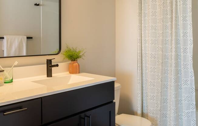 a bathroom with a toilet sink mirror and shower in a 555 waverly unit at The Draper, Missouri