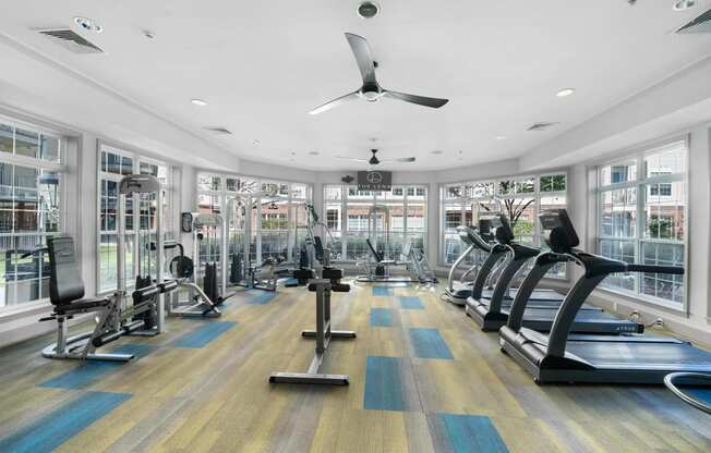 a large fitness room with treadmills and elliptical trainers  at The Lena, New Jersey, 08869