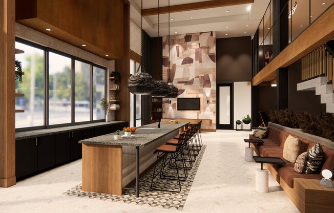 Expansive clubroom with indoor/outdoor bar area and comfortable seating at Modera Higley Commons.