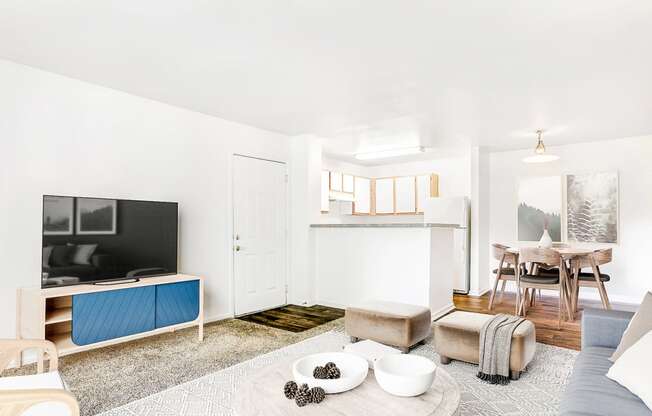 Model Apartment with Open Floor Plan, Kitchen with Breakfast Bar with TV on Entertainment Center, Coffee Table, Ottomans and Dining Table and Chairs