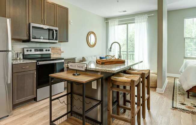 a kitchen with an island with wooden stools