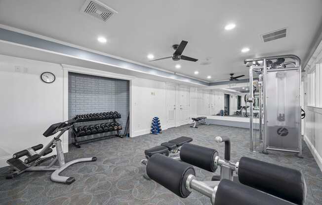 A gym with a variety of equipment including weights and a bench press.