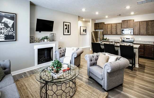 Luxury studio, one, and two bedroom apartment homes featuring granite countertops, stainless steel appliances, and fireplaces at East Lake Flats in Lincoln, NE