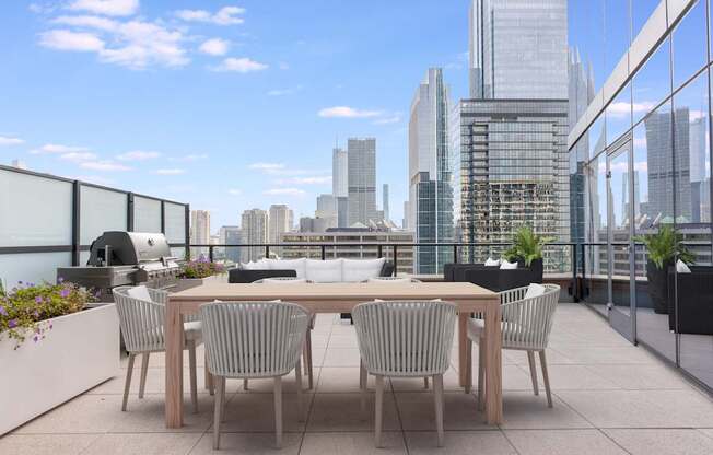 a communal terrace with a table and chairs and a view of the city at Cassidy on Canal, Chicago, Illinois, 60606