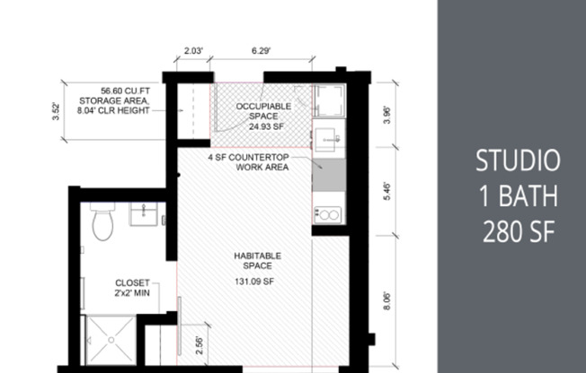 Studio, 1 bath, 280 sqft, $1,170, Unit 104