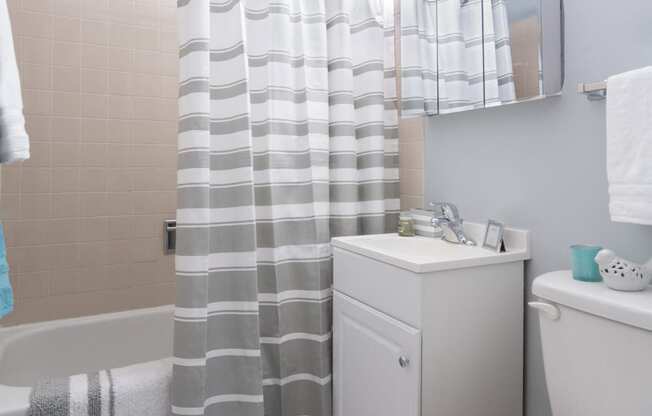 Bathroom shot with cabinetry and shower