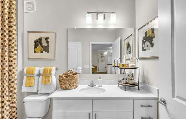 Bathroom with a white toilet, sink, and a mirror at Sterling Creek at Richmond Hill, Richmond Hill, GA, 31324