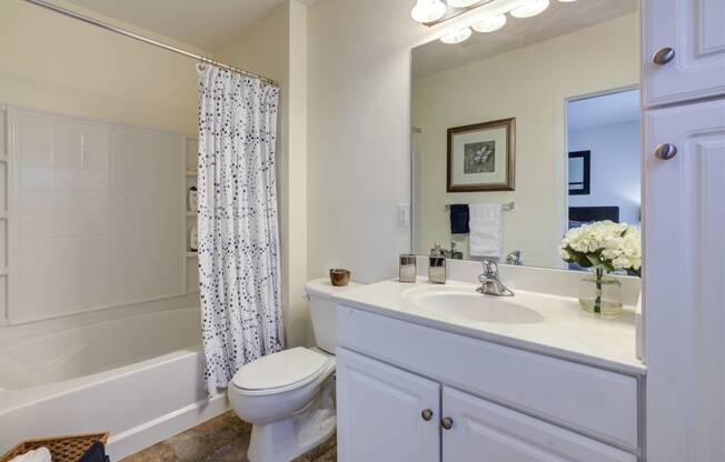 Bright white bathroom with white vanity and built-in linen closet. Oversized mirror hung above vanity with toilet and shower to the left at Summit Place apartments in Methuen, MA.