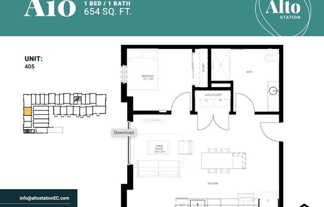 1 bed, 1 bath, 654 sqft, $1,350, Unit 405