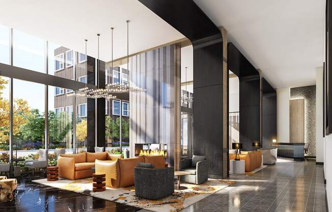 a rendering of a living room with high ceilings and large windows