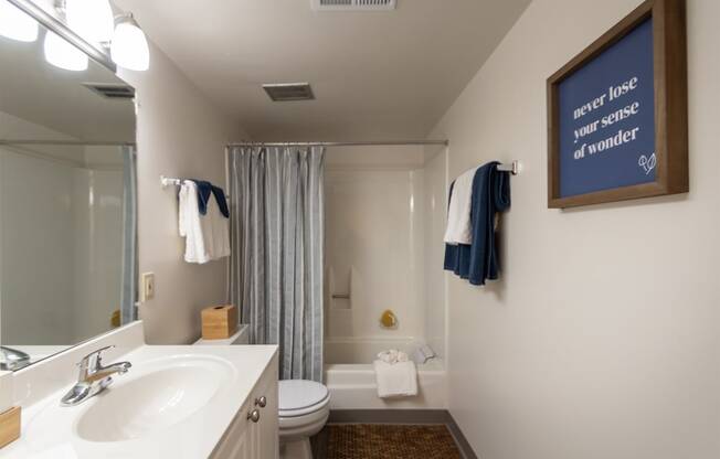 This is a photo of the bathroom in the 822 square foot, 2 bedroom, 1 bath floor plan at Village East Apartments in Franklin, OH.