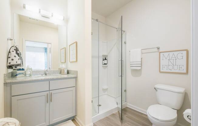 a bathroom with a shower and a sink and a toilet