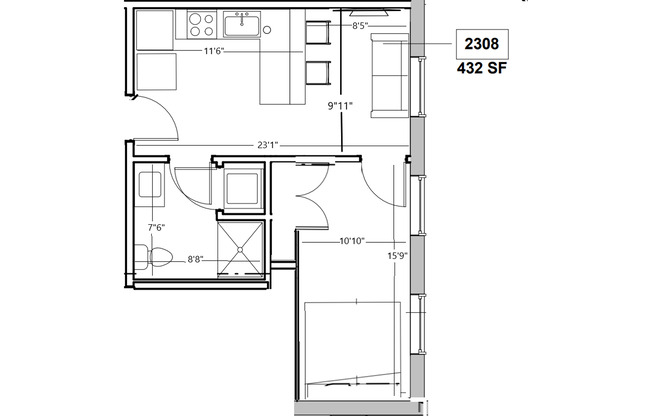 1 bed, 1 bath, 432 sqft, $1,675, Unit 2208