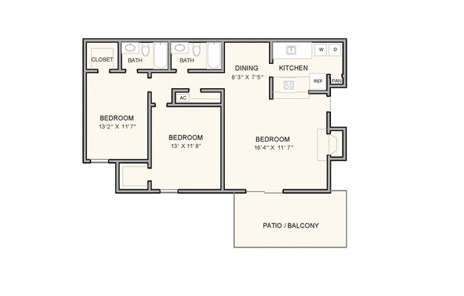 2 beds, 2 baths, 1,050 sqft, $1,073
