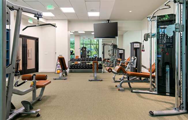 A gym with a variety of equipment including weights and machines.