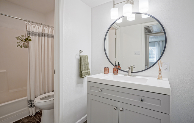 Modern vanity in platinum bathroom interior at Treehouse in Albuquerque, New Mexico