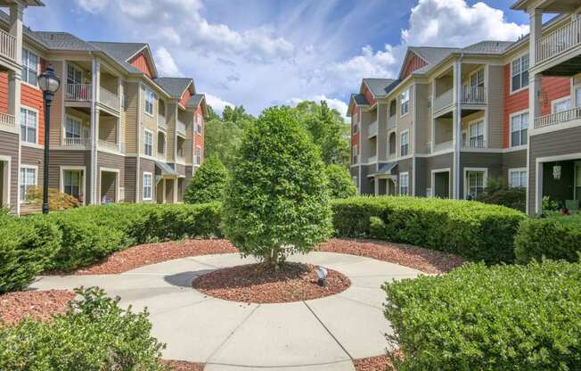 an exterior view of an apartment building with a tree in the middle