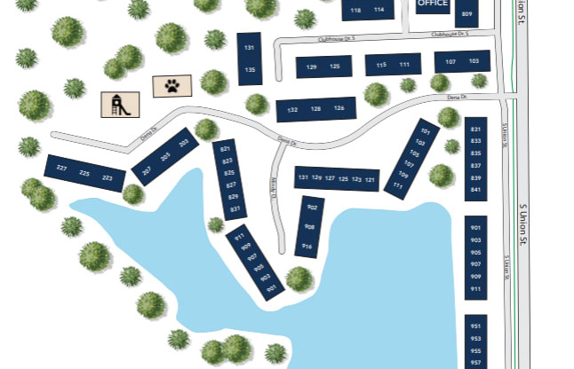 A map of Hamilton Square Apartments with a pool, playground, and dog park.