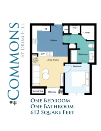 One Bedroom One Bathroom 612 sqft floor plan image