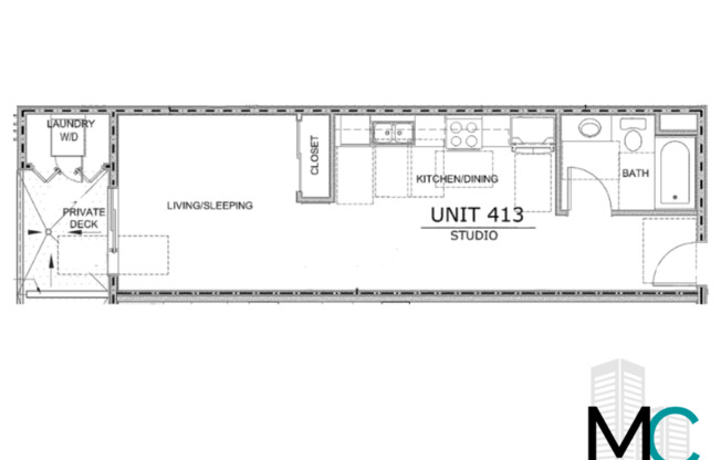 Studio, 1 bath, 513 sqft, $2,050, Unit 413