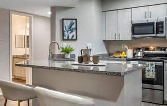 Renovated kitchen with stainless steel appliances and granite countertops at Elme Alexandria, Virginia