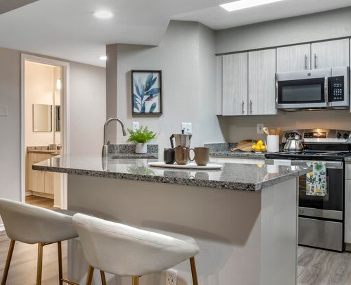 Renovated kitchen with stainless steel appliances and granite countertops at Elme Alexandria, Virginia