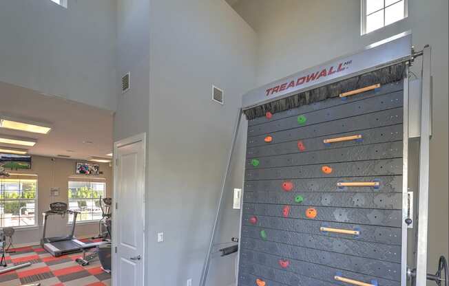 a rock climbing wall in the fitness room