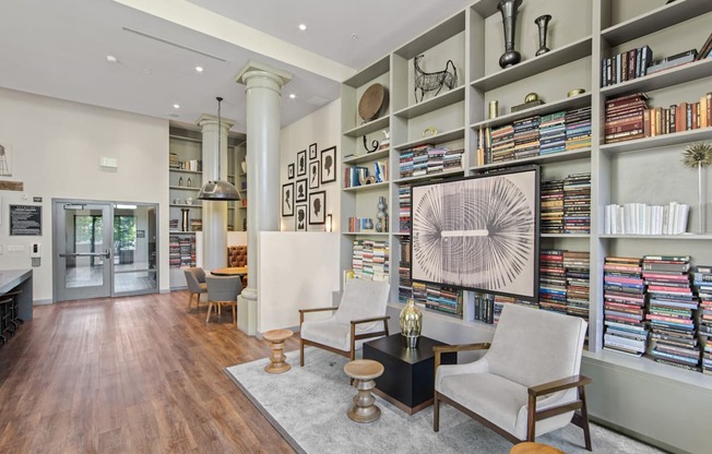 a living room with a bookshelf full of books