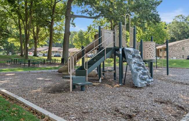 a playground with a slide and climbing equipment in a park