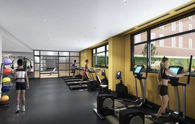 a rendering of a gym with people working out on exercise machines