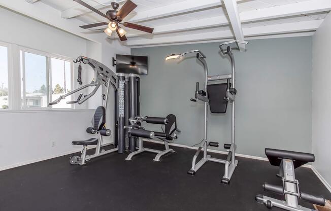 A well-lit home gym featuring various exercise equipment, including a multi-station home gym machine, a weight bench, and a leg press. The gym has a ceiling fan and large windows, allowing natural light to illuminate the space, with a light green wall providing a fresh ambiance.