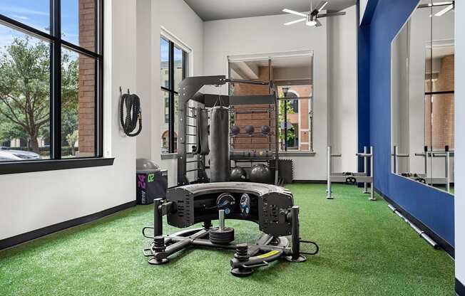 A gym with a green carpet and a rowing machine.