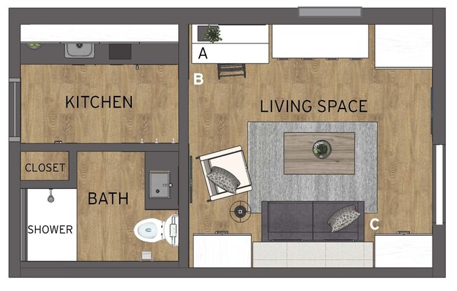 Studio, 1 bath, 266 sqft, $1,130, Unit #202