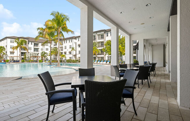 a large patio with tables and chairs next to a pool