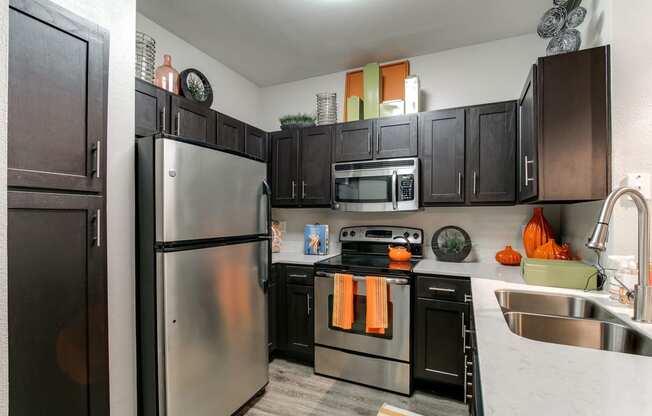 a kitchen with stainless steel appliances and black cabinets