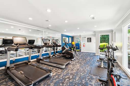 A gym with treadmills, exercise bikes, and elliptical machines.