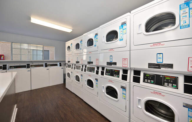 a row of washing machines in a laundry room