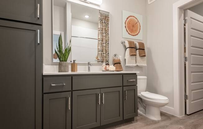 fully furnished bathroom of an apartment at the cannery at packing district