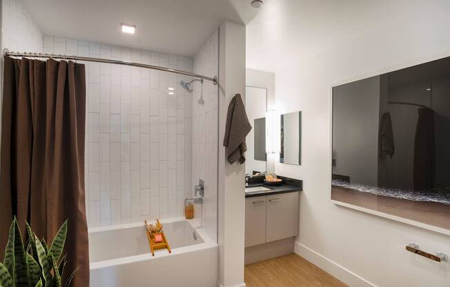 a bathroom with a tub and a shower and a sink