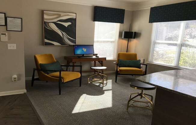 Inviting leasing office with modern décor at The Columns at Oakwood, Oakwood, GA