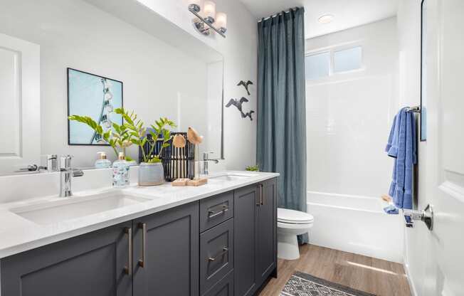 a bathroom with gray cabinets and a white bathtub at Solstice at Fiddyment Ranch, Roseville, CA, 95747