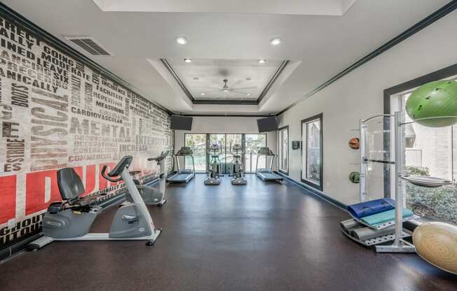 a gym with weights and cardio equipment and a wall with a mural of a building