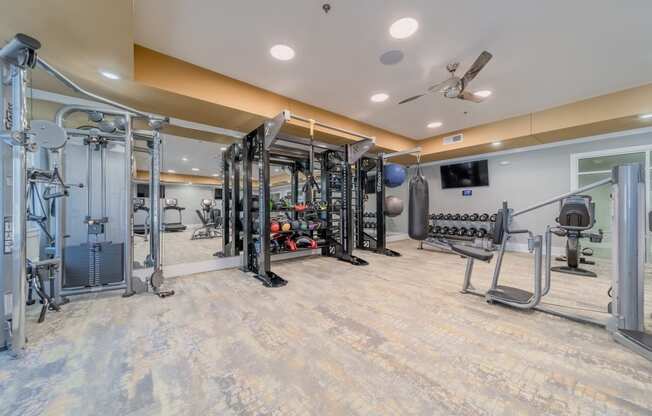 the spacious fitness center has a treadmill, weights and other cardio equipment