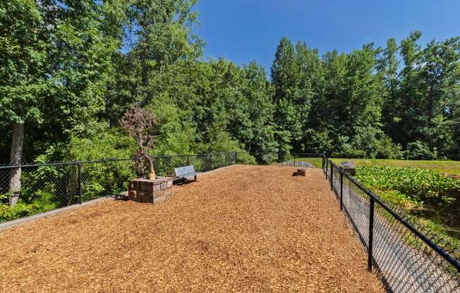 a dog park with a bench and trees in the background