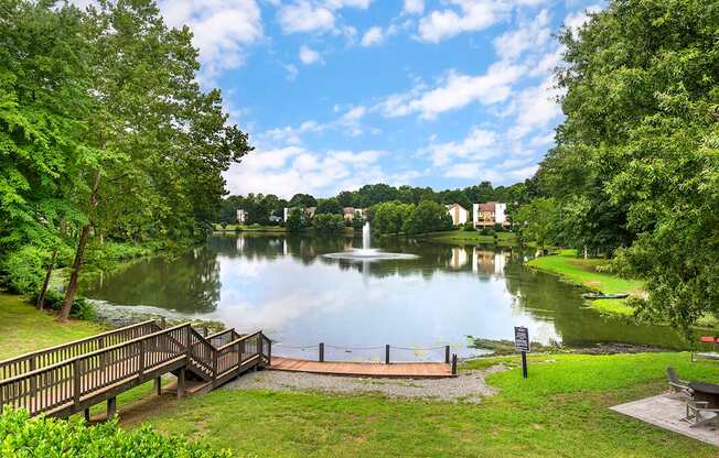 a view of a pond with a fountain