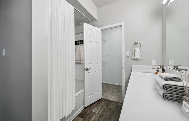 Model bathroom and hallway at Bridges at Oakbend, Lewisvillle, 75067